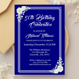 Elegantes Script Blue White Rose 50. Geburtstag Einladung