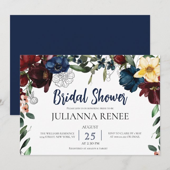 Elegantes Script Blush Navy Floral Brautparty Einladung (Vorne/Hinten)