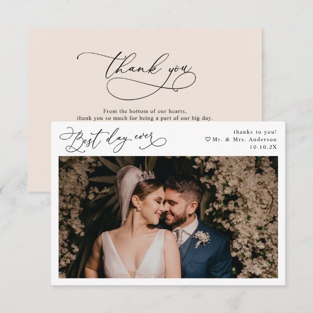 Elegantes Script Boho Neutral Blush-Hochzeitsstift Dankeskarte (Vorne/Hinten)