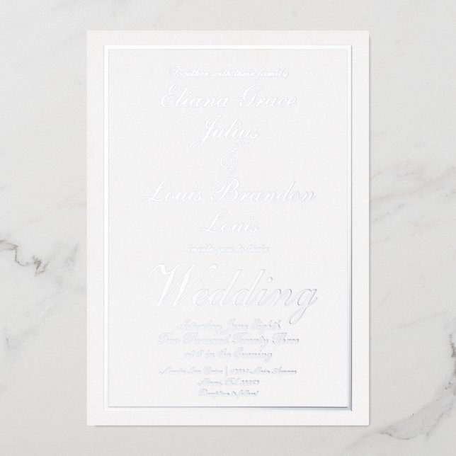 Elegantes Script Border Wedding Pressed Silver Folieneinladung (Vorderseite)