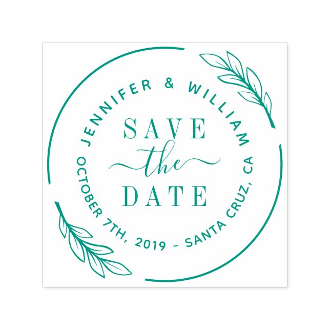 Elegantes Script & Botanischer Kranz Save the Date Permastempel (Design)