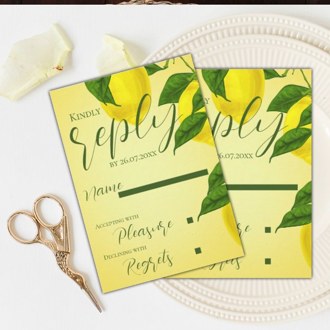 Elegantes Script Bright Yellow Citrus Hochzeit RSVP Karte (Elegant Script Bright Yellow Citrus Wedding RSVP Card)