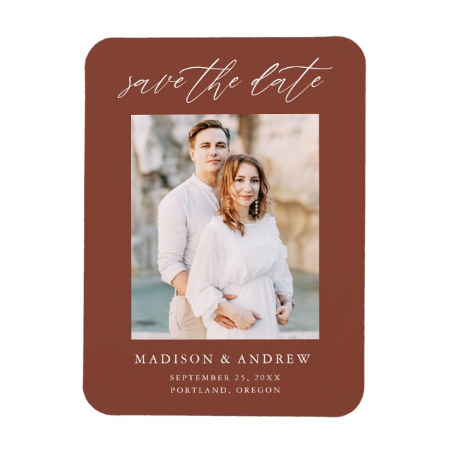 Elegantes Script Brown Foto Save the Date Magnet (Vertikal)
