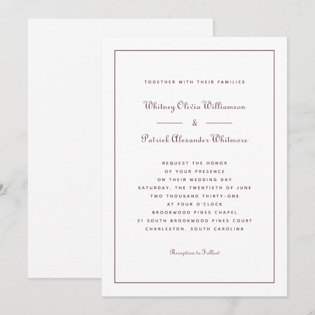 Elegantes Script Burgundy Classic feierliche Hochz Einladung (Vorne/Hinten)