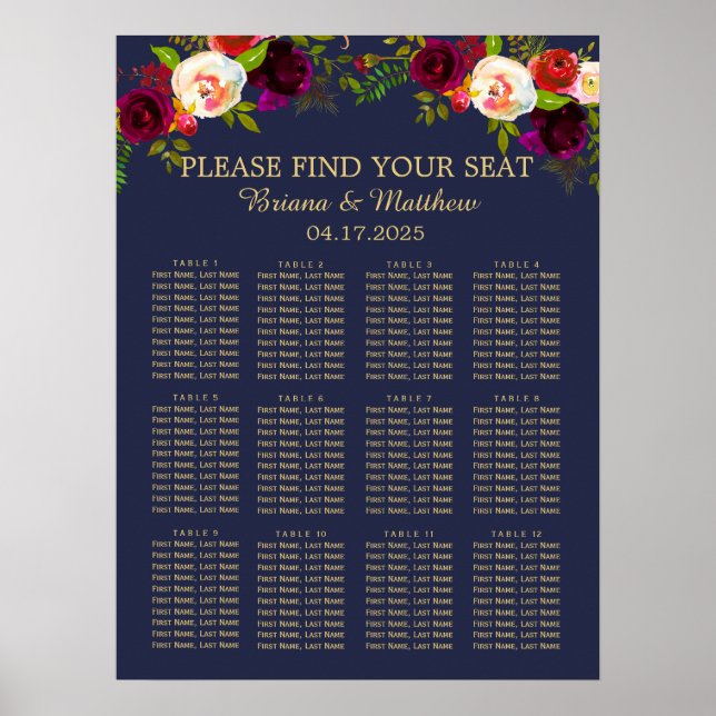 Elegantes Script Burgundy Floral auf Navy Blue Poster (Vorne)