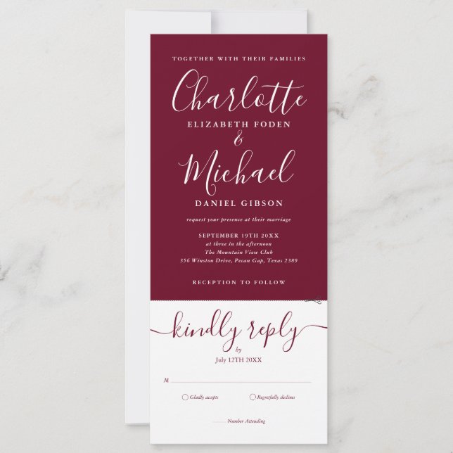 Elegantes Script Burgundy in einer Hochzeit Einladung (Vorderseite)