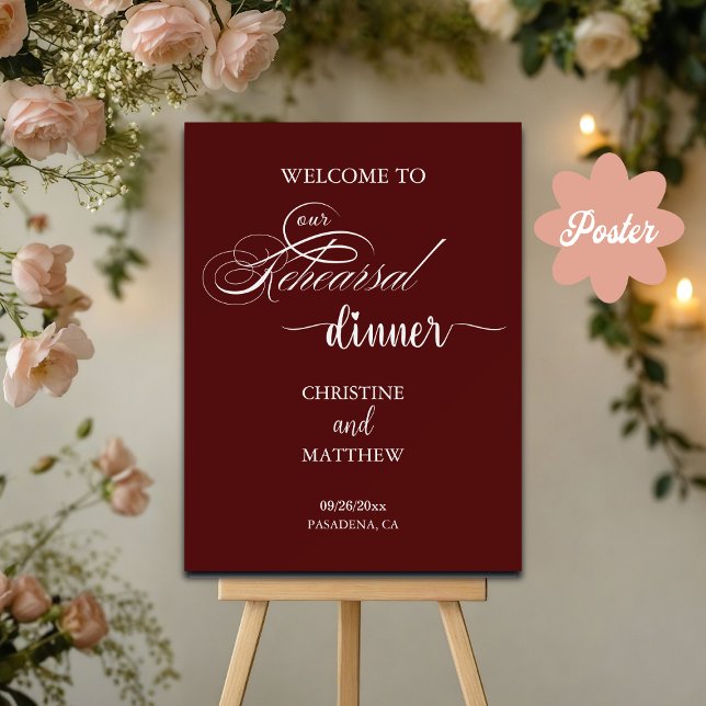 Elegantes Script Burgundy Probe Dinner Willkommen Poster (Von Creator hochgeladen)