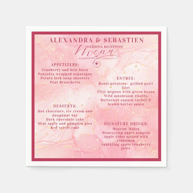 Elegantes Script Burgundy Rose Gold Wedding Menu Serviette (Vorderseite)