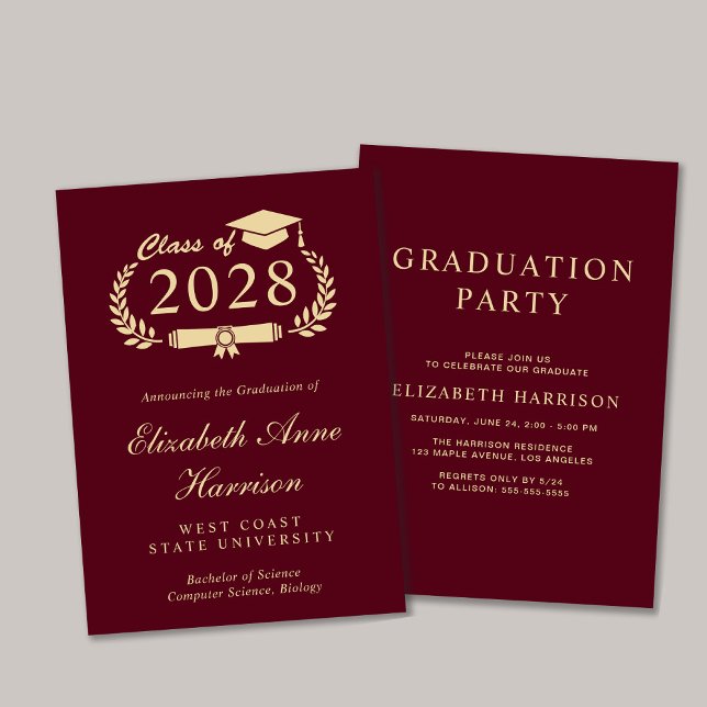 Elegantes Script Burgundy Uni-Abschluss Party Einladung (An elegant college graduation party invitation to celebrate the graduate's achievements)