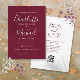 Elegantes Script Burgundy Wine QR Code Hochzeit Einladung