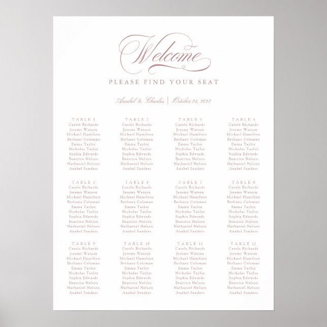 Elegantes Script Calligraphy Minimal Seating Chart Poster (Vorne)