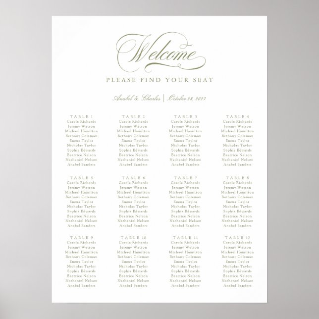 Elegantes Script Calligraphy Minimal Seating Chart Poster (Vorne)
