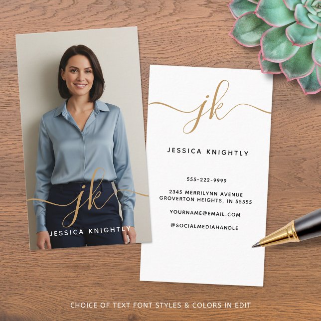Elegantes Script Calligraphy Monogram Logo-Foto Visitenkarte (Von Creator hochgeladen)
