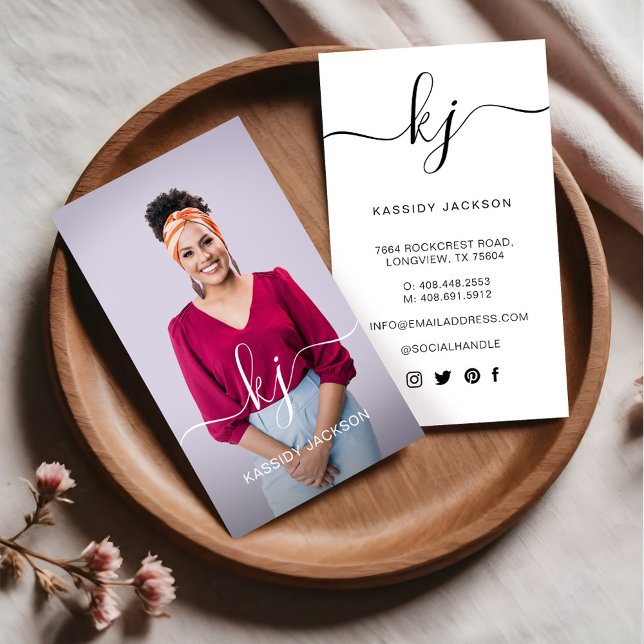 Elegantes Script Calligraphy Monogram Logo & Foto Visitenkarte (Elegant Script Calligraphy Monogram Logo & Photo Business Card)