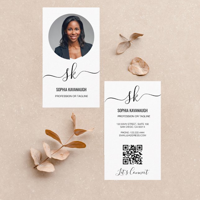 Elegantes Script Calligraphy QR Code Monogram Foto Visitenkarte (Von Creator hochgeladen)