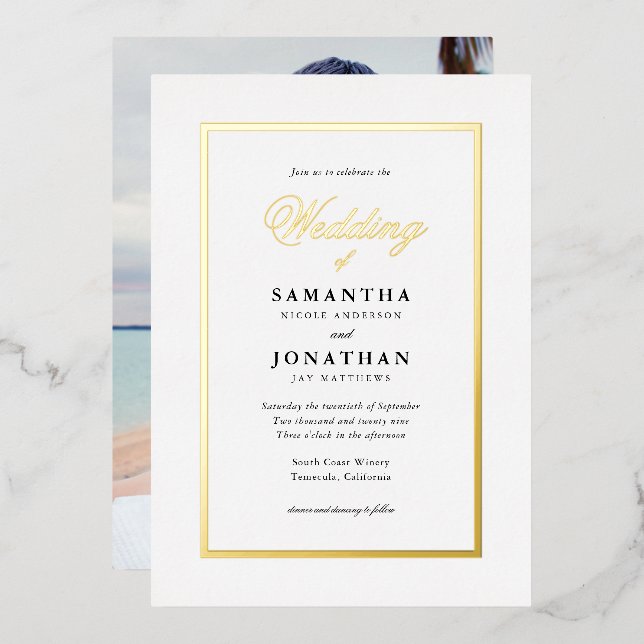 Elegantes Script Classic Minimal Foto Wedding Gold Folieneinladung (Vorderseite/Rückseite)