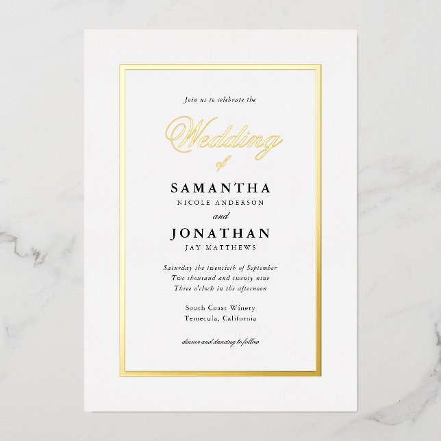 Elegantes Script Classic Minimal Wedding Gold Folieneinladung (Vorderseite)