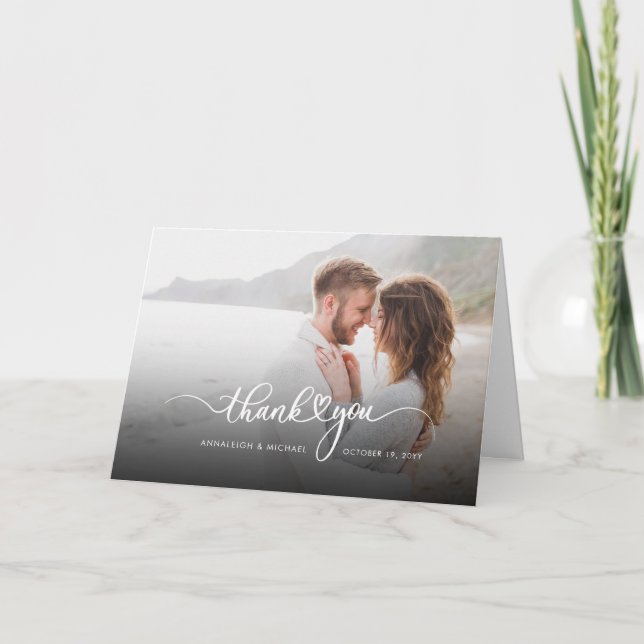 Elegantes Script Couples Foto Hochzeit Dankeskarte (Vorderseite)