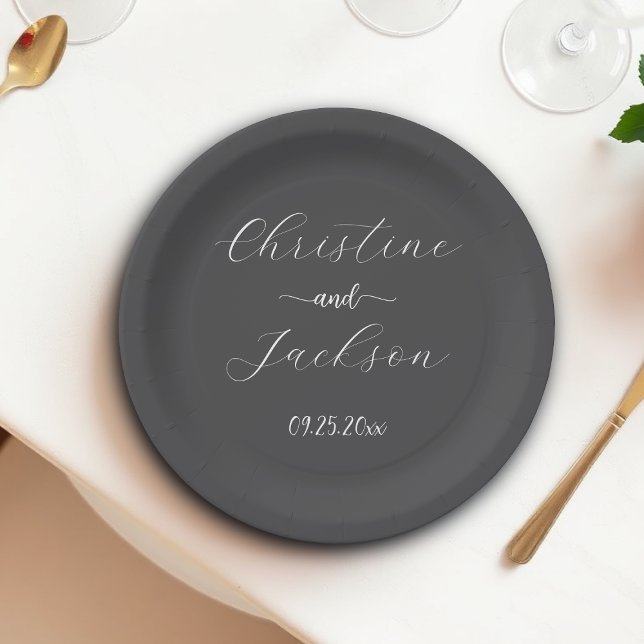 Elegantes Script Dark Gray Wedding Pappteller (Von Creator hochgeladen)