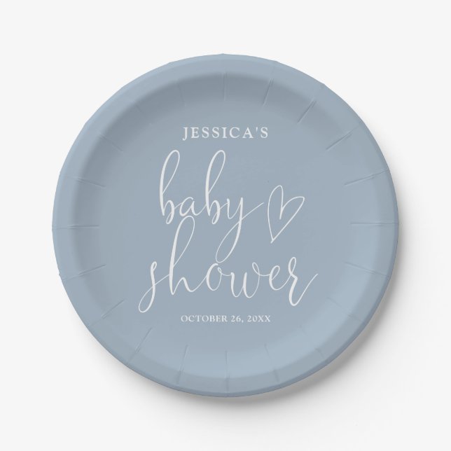 Elegantes Script Dusty Blue Baby Shower Pappteller (Vorderseite)