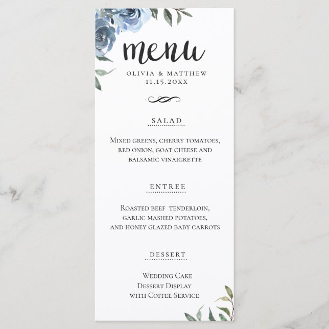 Elegantes Script Dusty Blue Botanical Wedding Menükarte (Vorderseite)