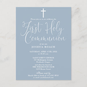 Elegantes Script Dusty Blue First Holy Communion Postkarte