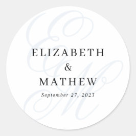 Elegantes Script Dusty Blue Monogram Wedding Runder Aufkleber