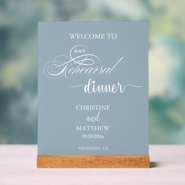 Elegantes Script Dusty Blue Probe Dinner Willkomme Acrylschild (Neutral)