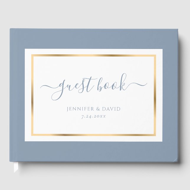 Elegantes Script Dusty Blue und Gold Wedding Gästebuch (Vorderseite)