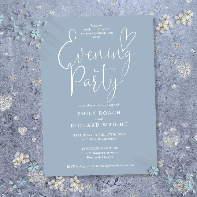 Elegantes Script Dusty Blue Wedding Abend Party Einladung (Elegant Script Dusty Blue Wedding Evening Party Invitation)
