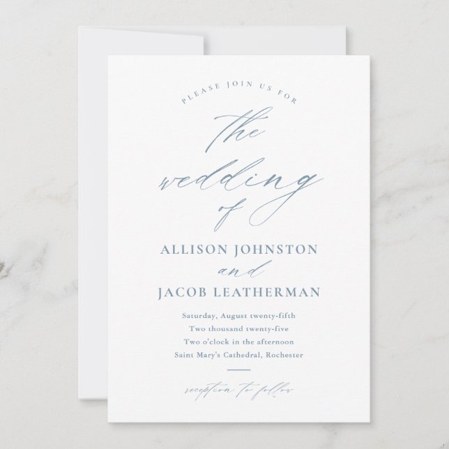 Elegantes Script Dusty Blue Wedding Einladung (Vorderseite)