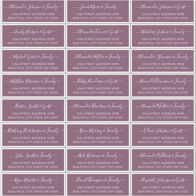 Elegantes Script Dusty Mauve Wedding Guest Address Aufkleber (Vorderseite)