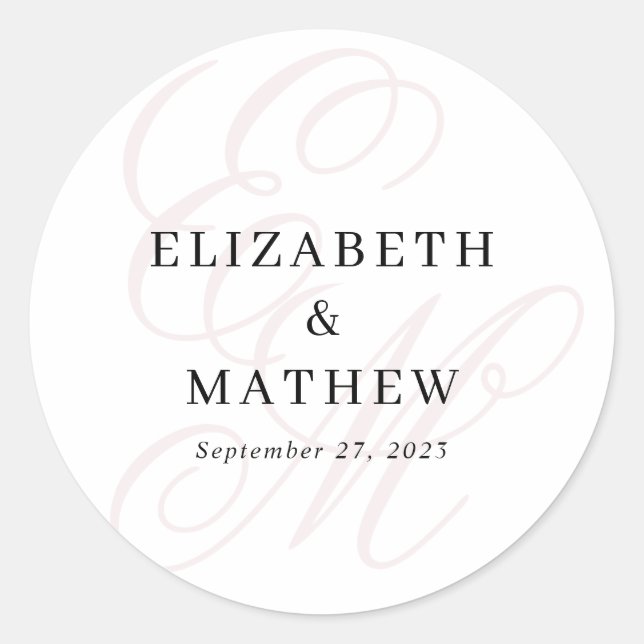 Elegantes Script Dusty Pink Monogram Wedding Runder Aufkleber (Vorderseite)