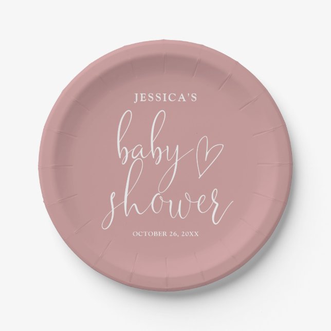 Elegantes Script Dusty Rose Pink Baby Shower Pappteller (Vorderseite)