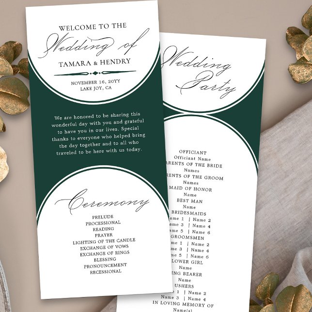 Elegantes Script Emerald Green Arch Wedding Progra (Elegant wedding program order of service in emerald green from my Wedding Colors collection)