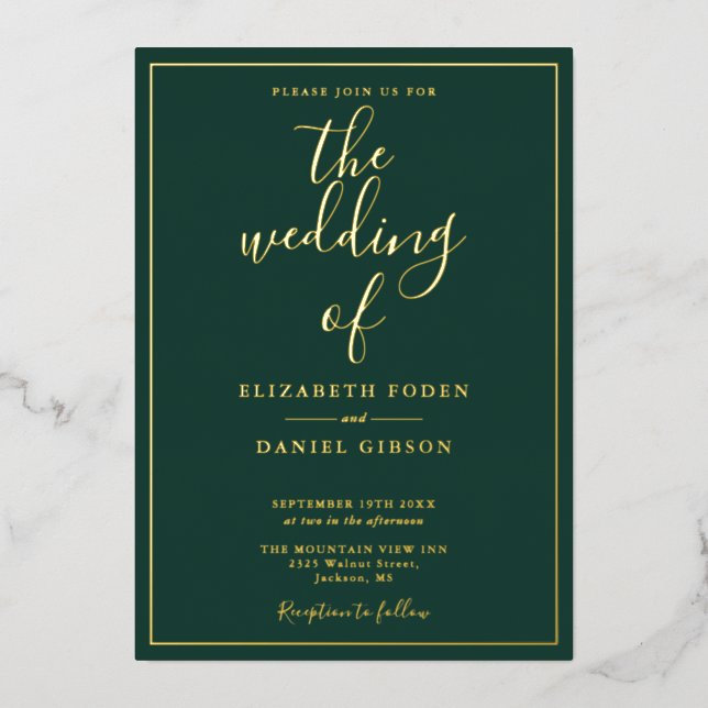 Elegantes Script Emerald Green Wedding Gold Folieneinladung (Vorderseite)