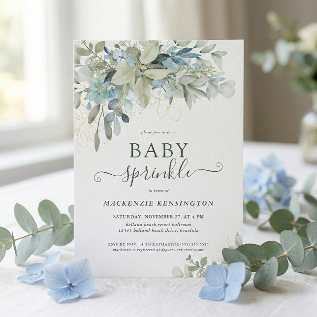 Elegantes Script Eucalyptus Greenery Baby Sprinkle Einladung (Von Creator hochgeladen)