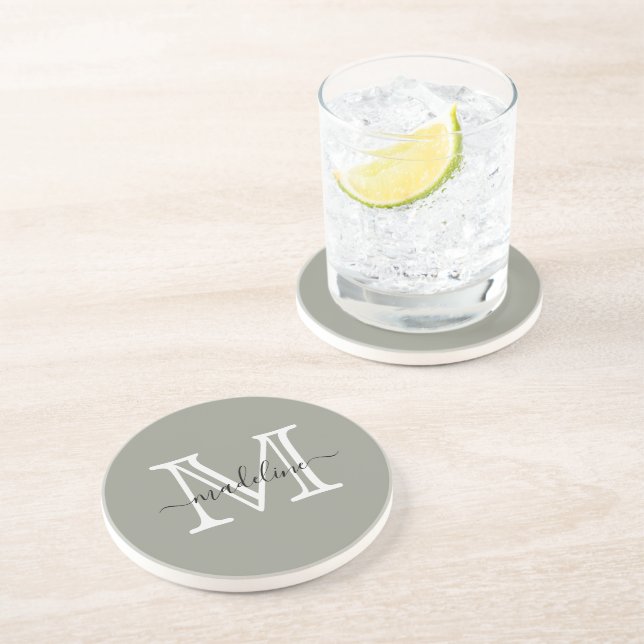 Elegantes Script Evergreen Fog Monogram Kitchen Getränkeuntersetzer (Seite)