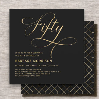 Elegantes Script Fifty Black Gold 50. Geburtstag Einladung