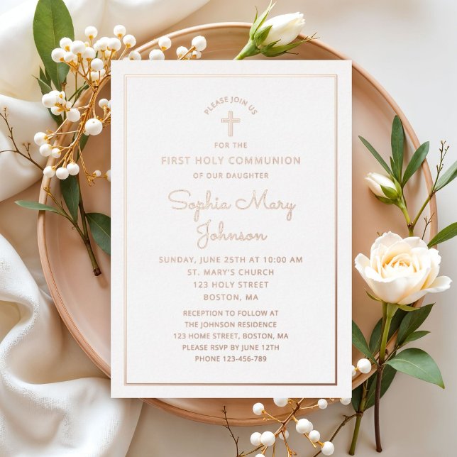 Elegantes Script First Communion Rose Gold Folieneinladung (Elegant Script First Communion Rose Gold Foil Invitation)