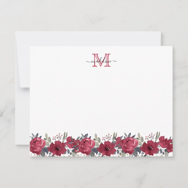 Elegantes Script floral Burgundy Red Monogram Mitteilungskarte (Vorderseite)
