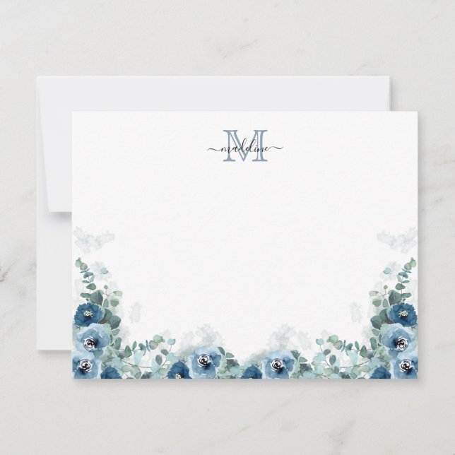 Elegantes Script Floral Dusty Blue Monogram Mitteilungskarte (Vorderseite)