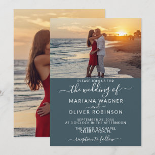 Elegantes Script Foto Boho Blue Wedding Einladung