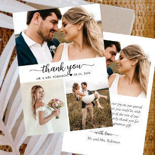 Elegantes Script Foto Collage Wedding Vielen Dank Dankeskarte