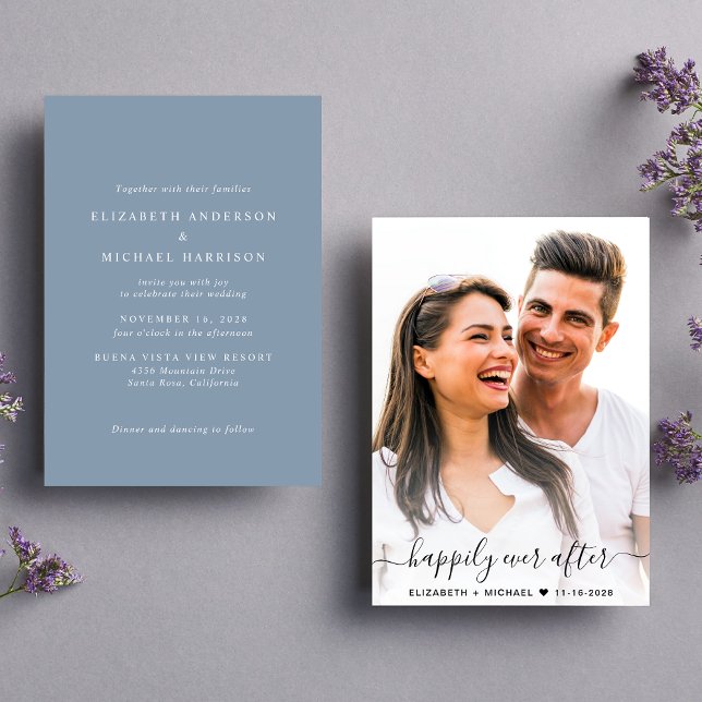Elegantes Script Foto Dusty Blue Wedding Einladung (Celebrate your love story with a modern happily ever after wedding invitation showcasing your photo)