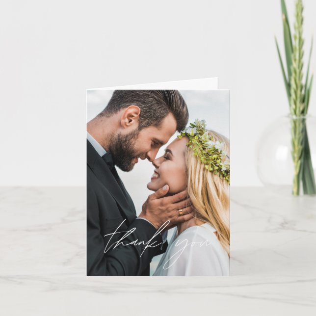 Elegantes Script Foto Hochzeit Dankeschön Karte (Vorderseite)