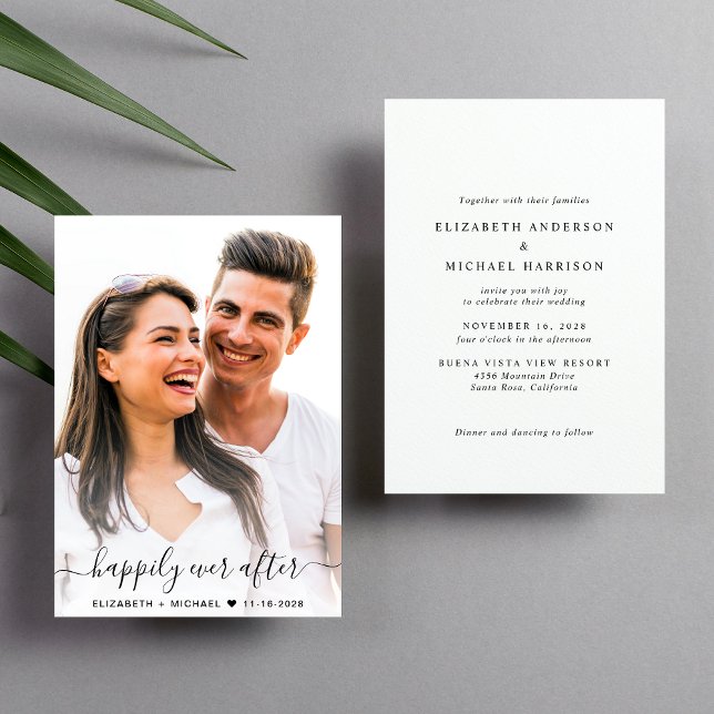 Elegantes Script-Foto Hochzeit Einladung (Celebrate your love story with a modern happily ever after wedding invitation showcasing your photo)
