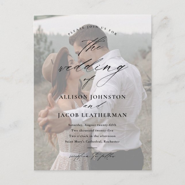 Elegantes Script-Foto Hochzeit Einladungspostkarte (Vorderseite)