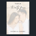 Elegantes Script-Foto Hochzeit Tischnummer 24<br><div class="desc">Dieses Design zeichnet sich durch ein hübsches Foto Ihrer Wahl aus. Klicken Sie auf die Schaltfläche "Klicken, um weitere Anpassungen vorzunehmen", um die Farbe der Schriftsetzung zu bearbeiten. Verschieben Sie das Foto über den Overlay-Ebenen in die Mitte. Sehen Sie sich die gesamte Kollektion an, um mehr passende Artikel zu finden!...</div>