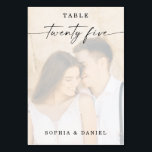 Elegantes Script-Foto Hochzeit Tischnummer 25<br><div class="desc">Dieses Design zeichnet sich durch ein hübsches Foto Ihrer Wahl aus. Klicken Sie auf die Schaltfläche "Klicken, um weitere Anpassungen vorzunehmen", um die Farbe der Schriftsetzung zu bearbeiten. Verschieben Sie das Foto über den Overlay-Ebenen in die Mitte. Sehen Sie sich die gesamte Kollektion an, um mehr passende Artikel zu finden!...</div>
